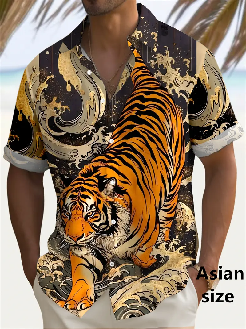 Summer New Animal Tiger Print Hawaiian Shirt For Men Fierce Beast Pattern Short Sleeved Button Lapel Tops Casual Oversized Shirt