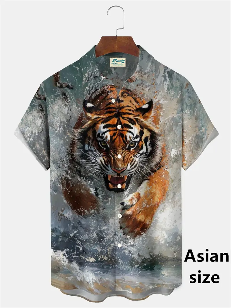 Summer New Animal Tiger Print Hawaiian Shirt For Men Fierce Beast Pattern Short Sleeved Button Lapel Tops Casual Oversized Shirt