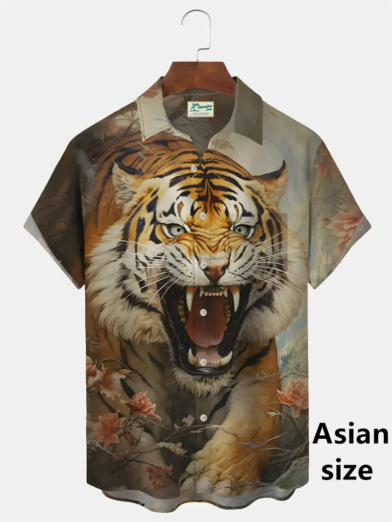 Summer New Animal Tiger Print Hawaiian Shirt For Men Fierce Beast Pattern Short Sleeved Button Lapel Tops Casual Oversized Shirt