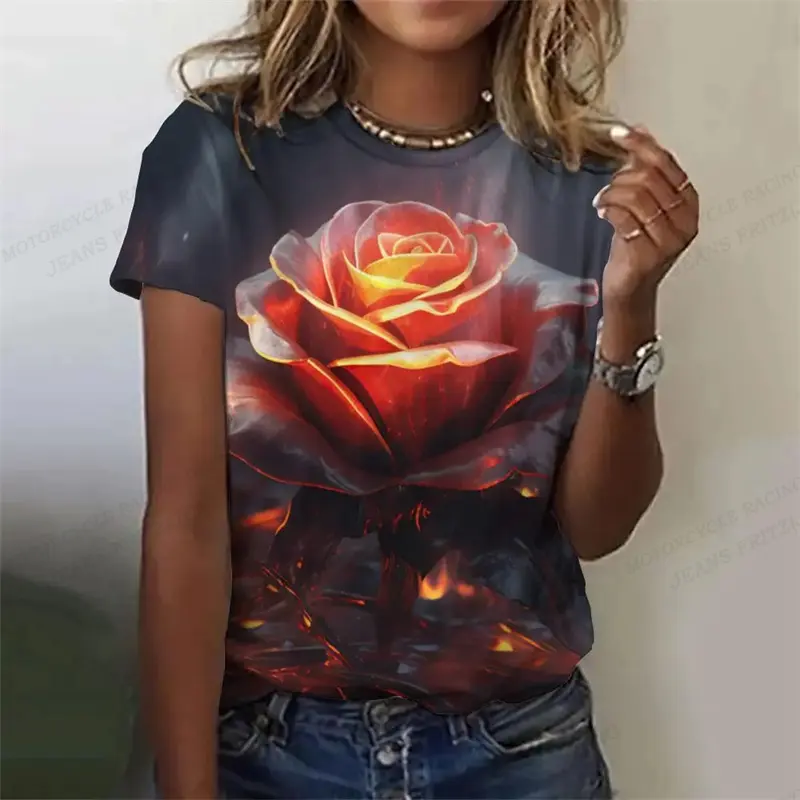 Golden Rose 3d Printed Tshirt Pretty Women's Clothing Female Harajuku Floral Print Tops Tees Ladies O-Neck Short Sleeve T Shirt