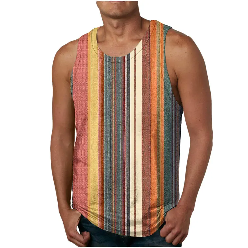 Retro Stripe Graphic Mens Tank Tops 3D Print Summer Breathable Sleeveless Vest Casual Popular Loose Quick Dry Street Sport Tees