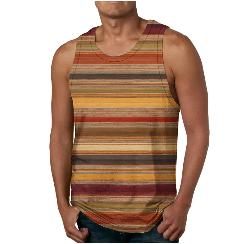 Retro Stripe Graphic Mens Tank Tops 3D Print Summer Breathable Sleeveless Vest Casual Popular Loose Quick Dry Street Sport Tees