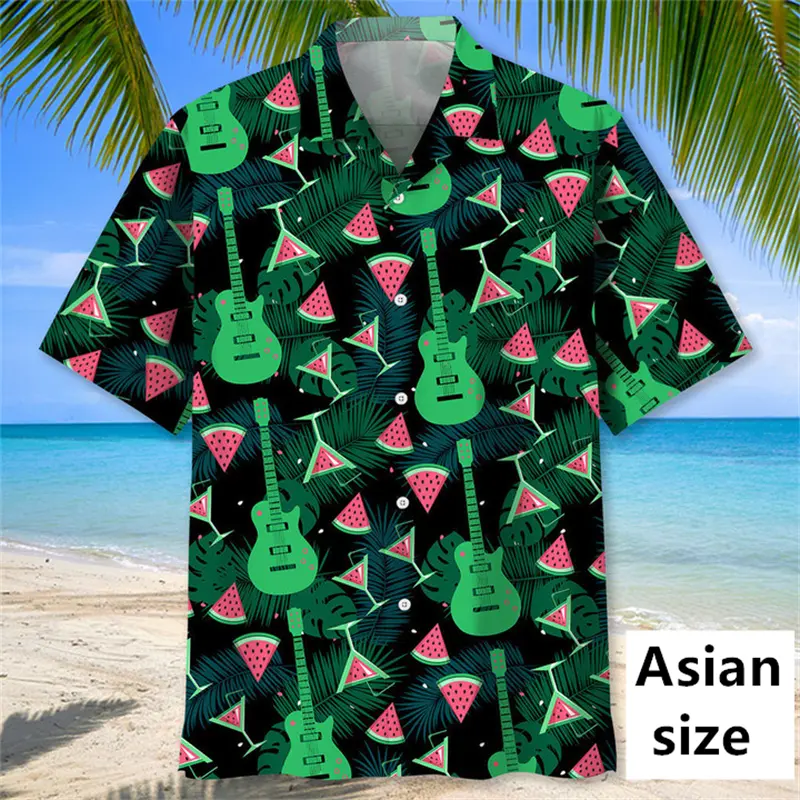 Men Hawaiian Shirts 3D Tropical Plant Music Guitar Printed Clothing Fashion Casual Vacation Trendy Women Button Up Beach Shirts