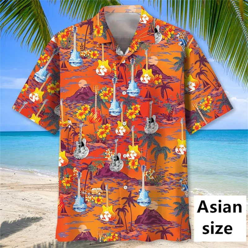 Men Hawaiian Shirts 3D Tropical Plant Music Guitar Printed Clothing Fashion Casual Vacation Trendy Women Button Up Beach Shirts