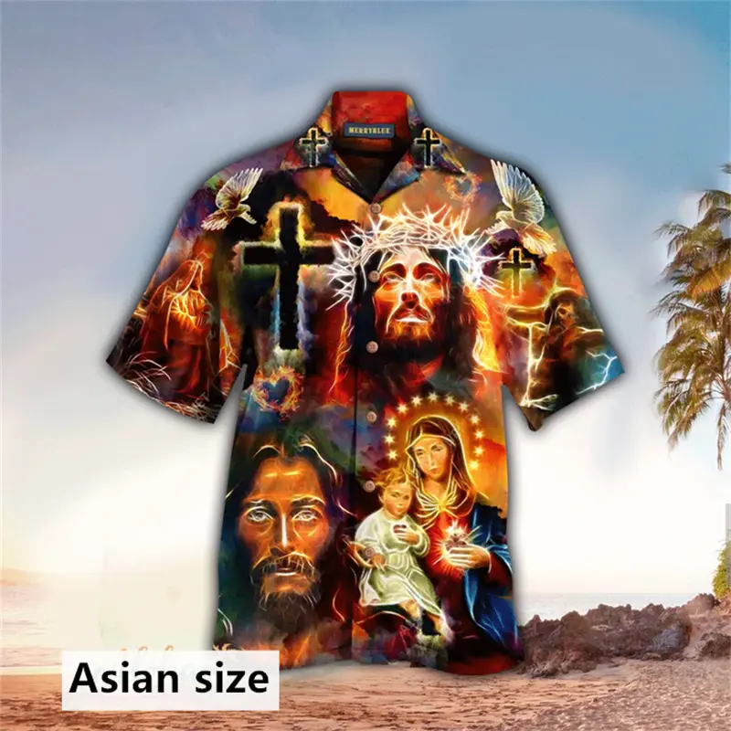Jesus Cross Lion Graphic Men Shirt Fashion 3D Printed Christian Button Lapel Hawaiian Shirts Summer Street Short Sleeves Tops