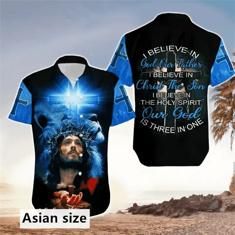 Jesus Cross Lion Graphic Men Shirt Fashion 3D Printed Christian Button Lapel Hawaiian Shirts Summer Street Short Sleeves Tops
