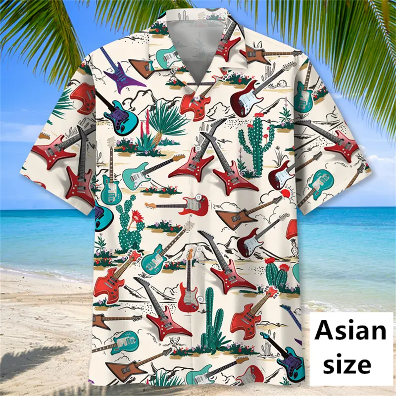 Men Hawaiian Shirts 3D Tropical Plant Music Guitar Printed Clothing Fashion Casual Vacation Trendy Women Button Up Beach Shirts
