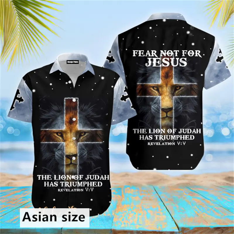 Jesus Cross Lion Graphic Men Shirt Fashion 3D Printed Christian Button Lapel Hawaiian Shirts Summer Street Short Sleeves Tops