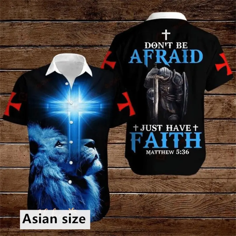 Jesus Cross Lion Graphic Men Shirt Fashion 3D Printed Christian Button Lapel Hawaiian Shirts Summer Street Short Sleeves Tops