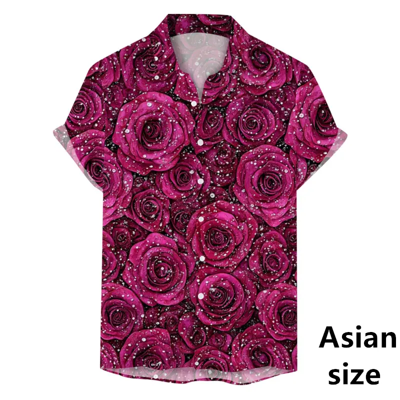 3D Rose Graphic Print Men's Shirt For Summer Fashion Short Sleeve Button Lapel Shirt For Males Hawaiian Beach Blouse For Couple