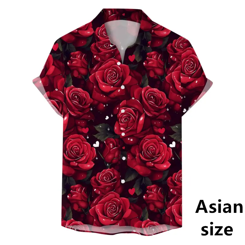 3D Rose Graphic Print Men's Shirt For Summer Fashion Short Sleeve Button Lapel Shirt For Males Hawaiian Beach Blouse For Couple