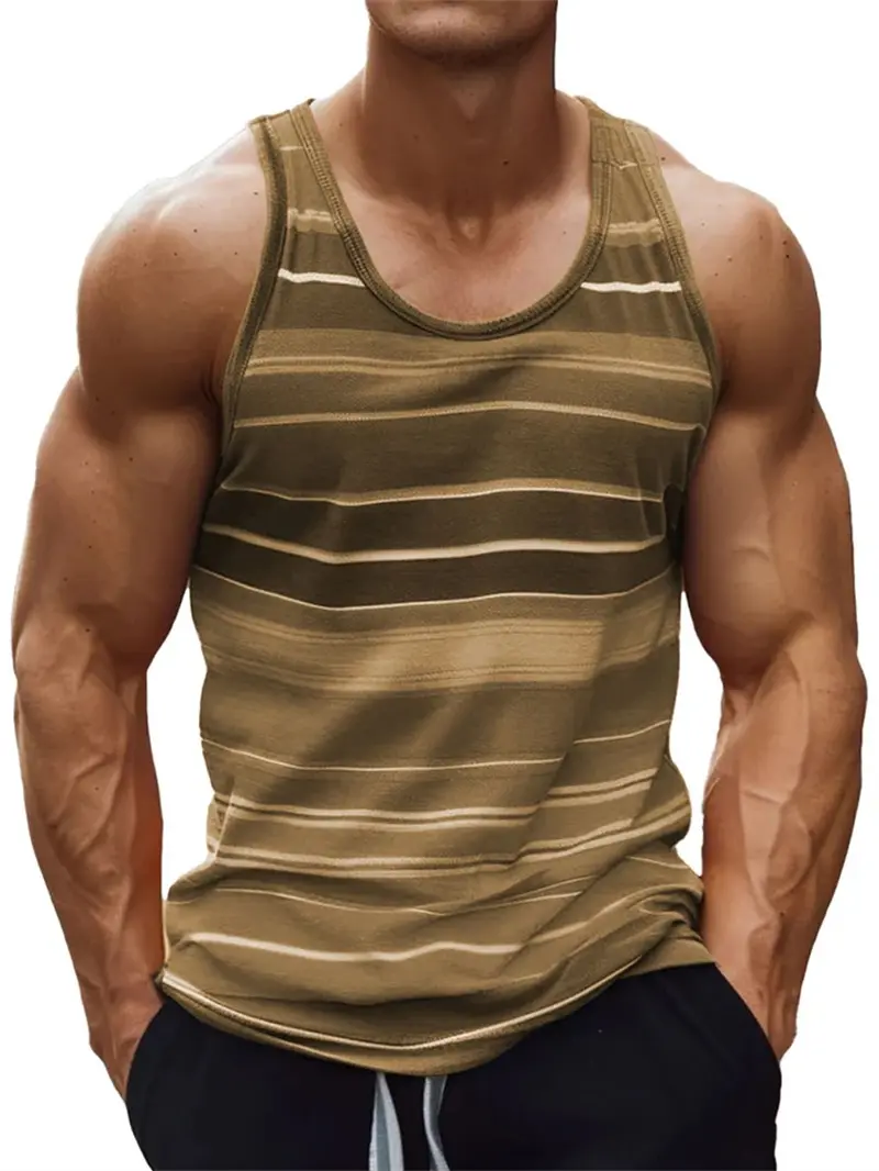 Fashion Men's Round Neck Rainbow Stripe 3D Print Casual Tank Top Summer Fashion Simple Sleeveless Vest Breathable Mens Clothing