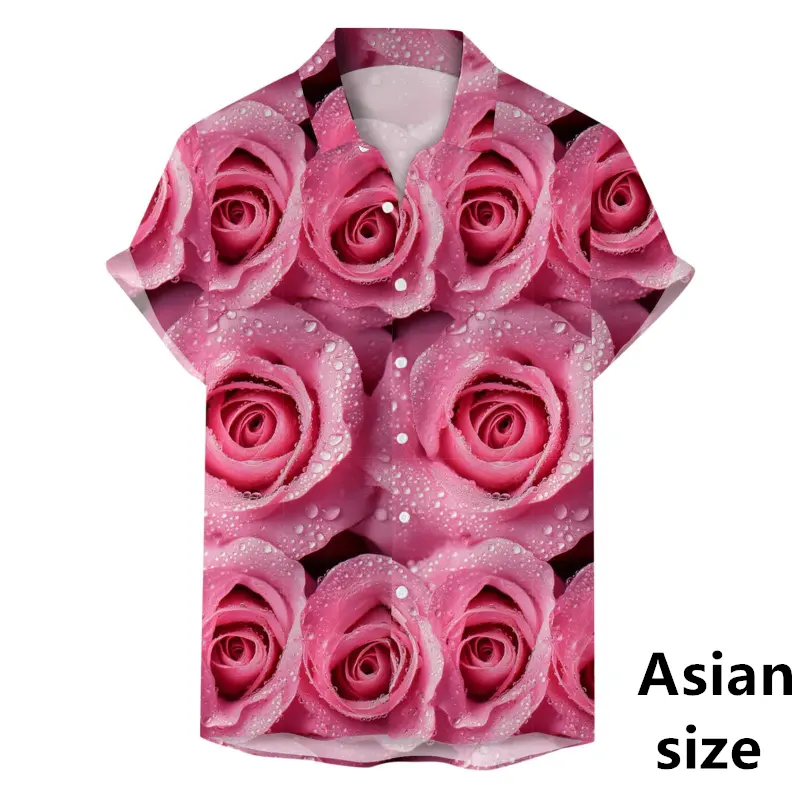 3D Rose Graphic Print Men's Shirt For Summer Fashion Short Sleeve Button Lapel Shirt For Males Hawaiian Beach Blouse For Couple