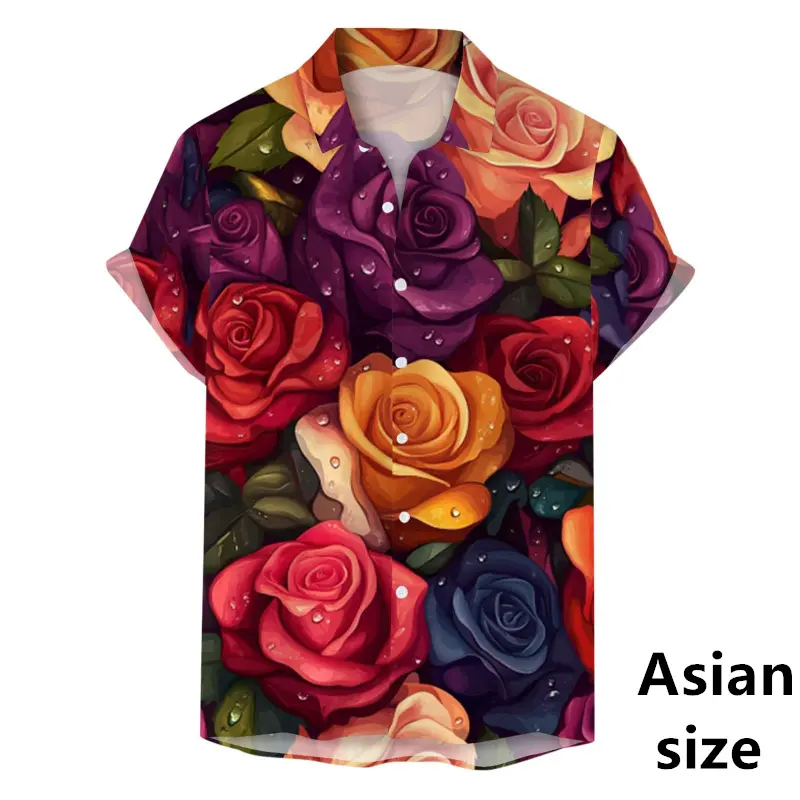 3D Rose Graphic Print Men's Shirt For Summer Fashion Short Sleeve Button Lapel Shirt For Males Hawaiian Beach Blouse For Couple