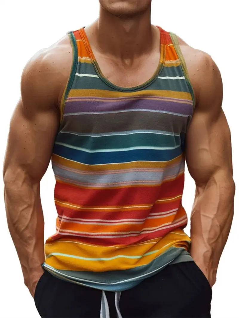 Fashion Men's Round Neck Rainbow Stripe 3D Print Casual Tank Top Summer Fashion Simple Sleeveless Vest Breathable Mens Clothing