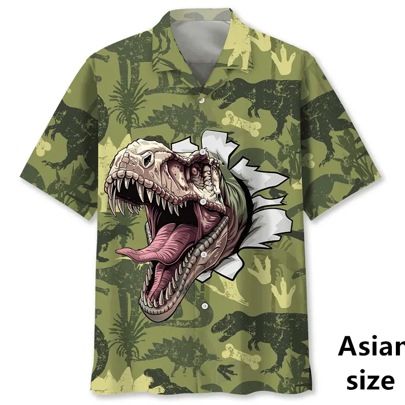 New Cartoon Dinosaur Shirts For Men Women Summer 3d Printed Hawaiian Beach Shirt Casual Button Down Lapel Short Sleeve Blouse