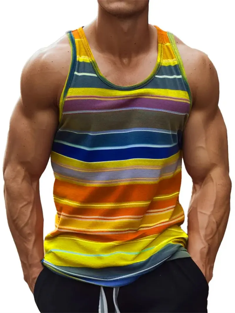 Fashion Men's Round Neck Rainbow Stripe 3D Print Casual Tank Top Summer Fashion Simple Sleeveless Vest Breathable Mens Clothing