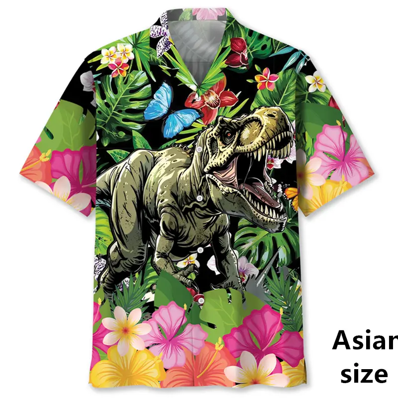 New Cartoon Dinosaur Shirts For Men Women Summer 3d Printed Hawaiian Beach Shirt Casual Button Down Lapel Short Sleeve Blouse
