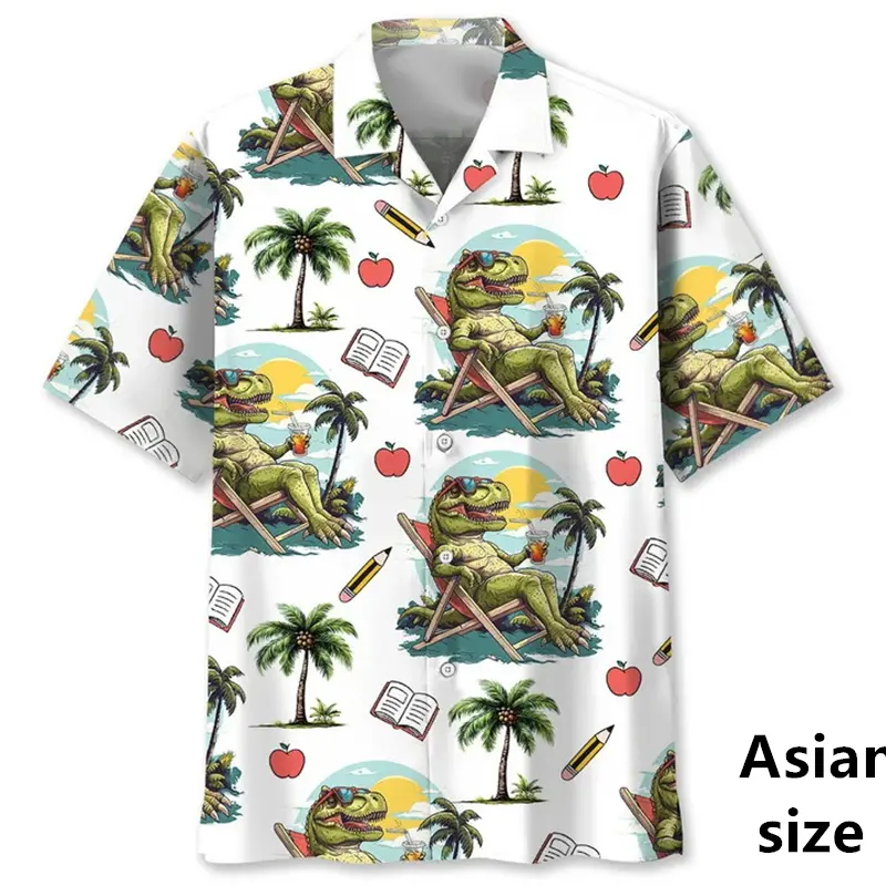 New Cartoon Dinosaur Shirts For Men Women Summer 3d Printed Hawaiian Beach Shirt Casual Button Down Lapel Short Sleeve Blouse
