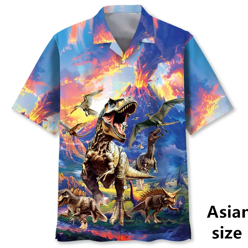 New Cartoon Dinosaur Shirts For Men Women Summer 3d Printed Hawaiian Beach Shirt Casual Button Down Lapel Short Sleeve Blouse