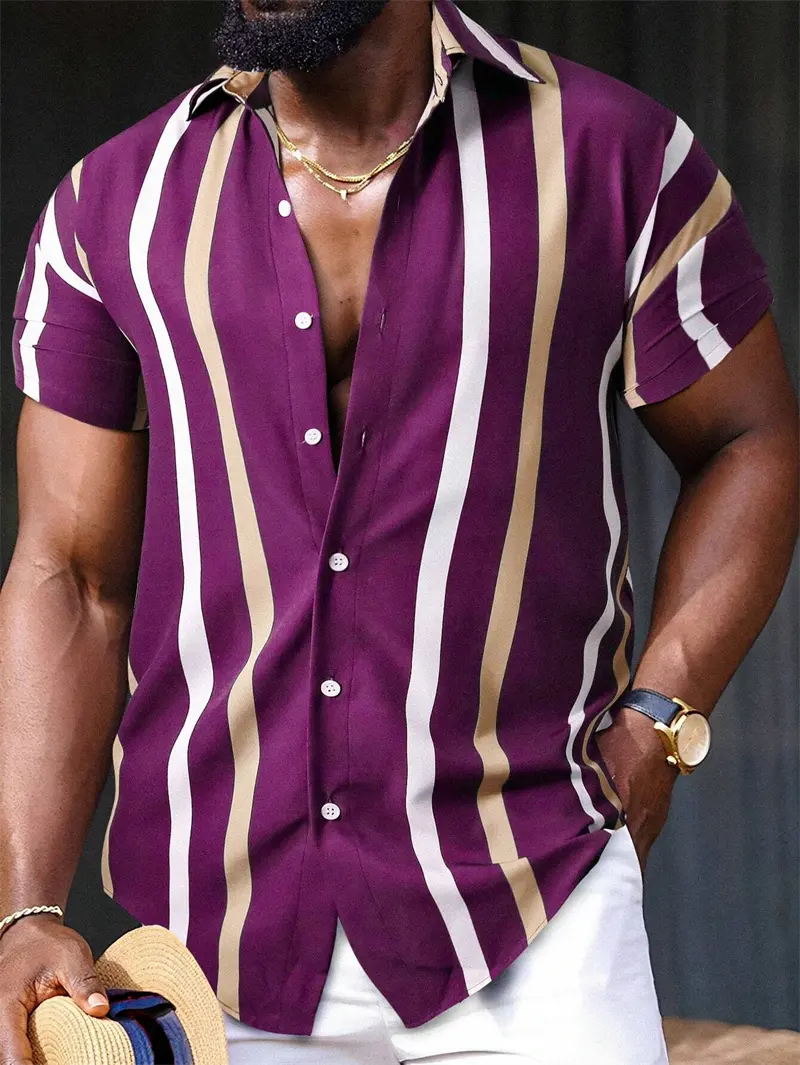 Vintage Stripe Graphic 3D Print Shirts Mens High Fashion Clothing Casual Retro Shirt Men Streetwear Hawaiian Beach Blouse Tops