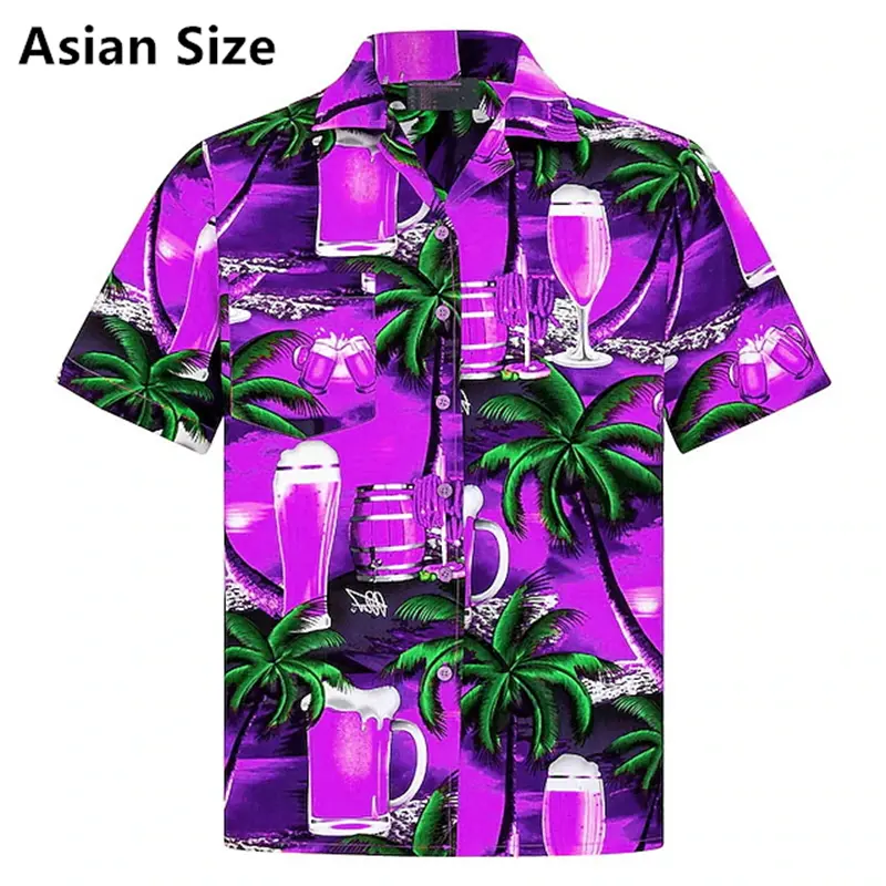 Hawaiian Style Beer Graphic 3D Print Men's Short Sleeve Holiday Button Down Lapel Shirt For Summer Resort Beach Blouse Men Tees