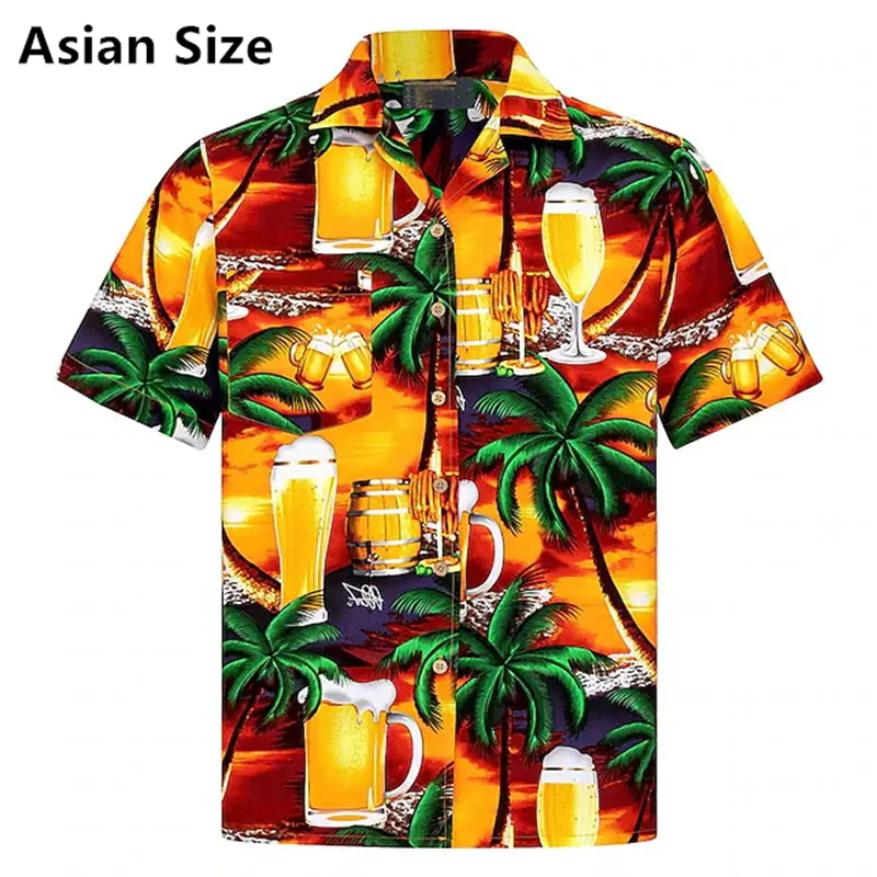 Hawaiian Style Beer Graphic 3D Print Men's Short Sleeve Holiday Button Down Lapel Shirt For Summer Resort Beach Blouse Men Tees