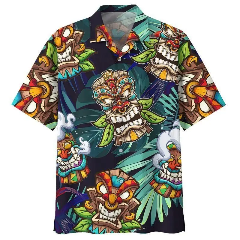 Novelty Vintage 3d Tiki Print Hawaiian Shirts Man Retro Mens Plus Size Shirt Casual Short Sleeve Beach Blouse Male Clothing