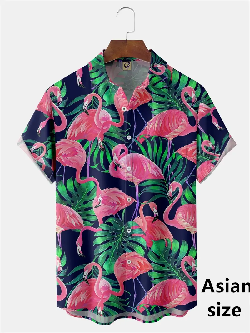 Summer Flamingo Animal Printed Shirts For Men Women Casual Fashion Hawaiian Beach Style Button Shirt Unisex Short Sleeved Blouse