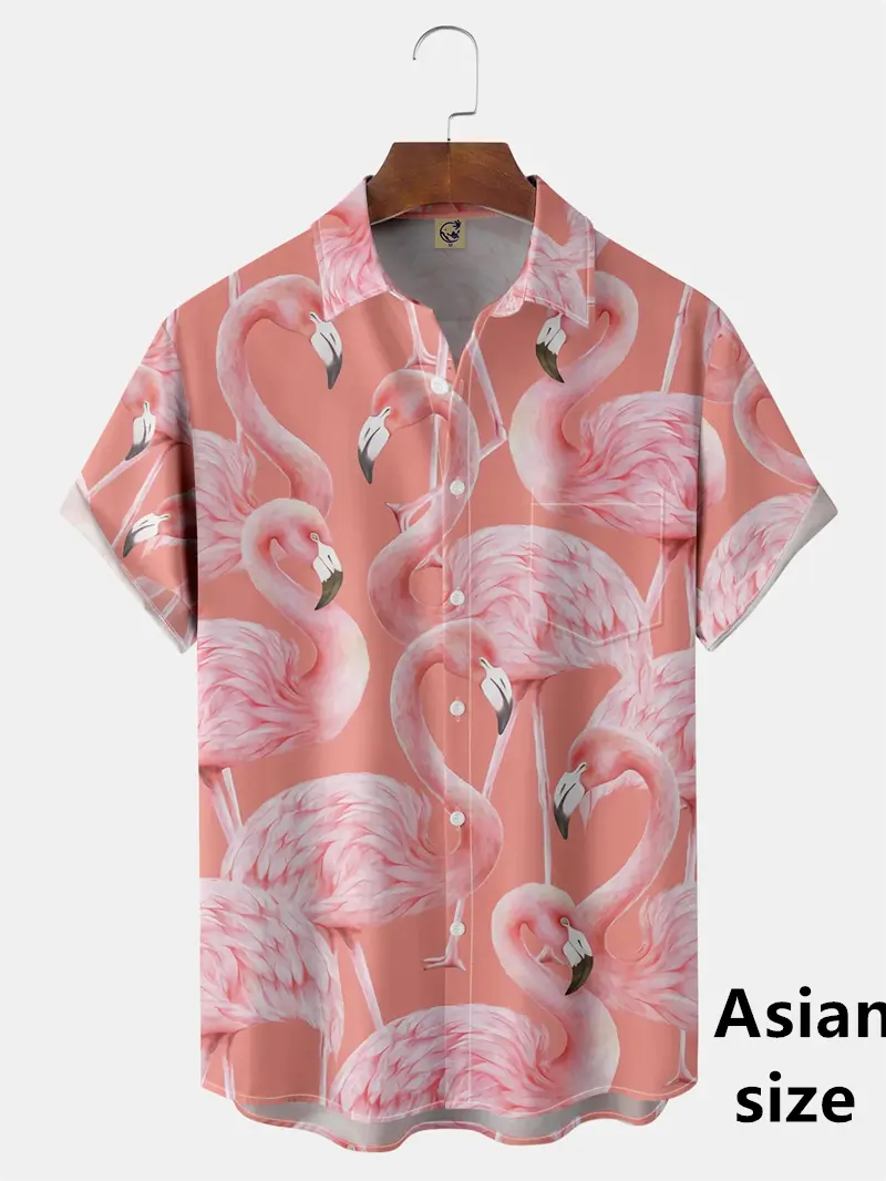 Summer Flamingo Animal Printed Shirts For Men Women Casual Fashion Hawaiian Beach Style Button Shirt Unisex Short Sleeved Blouse