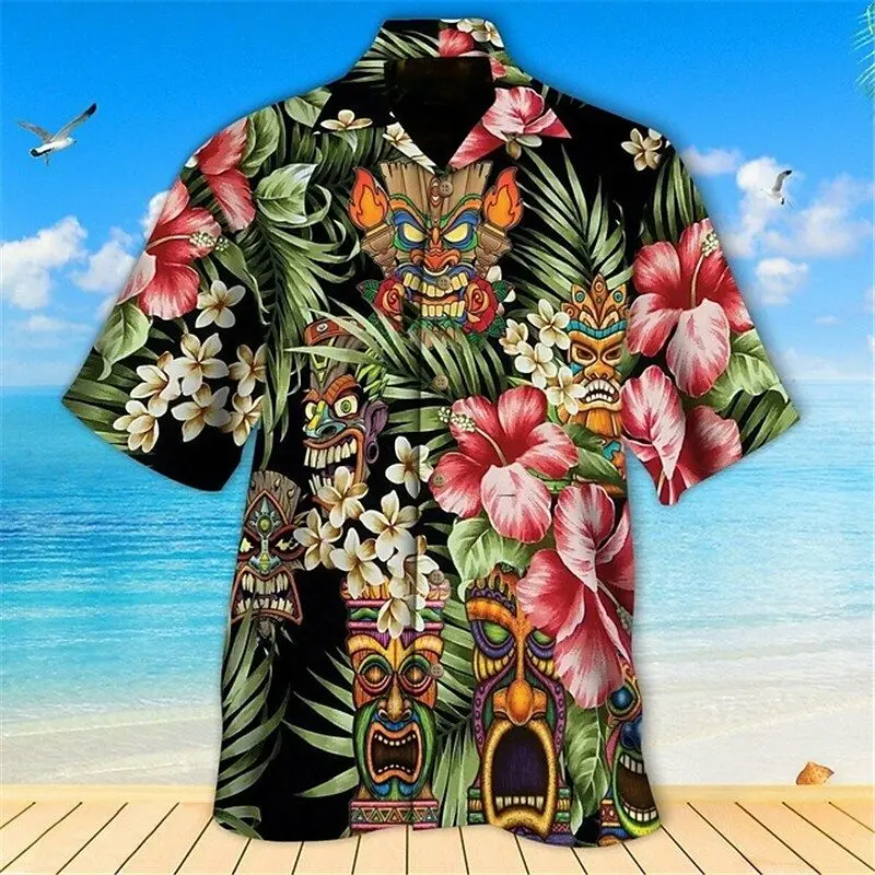 Novelty Vintage 3d Tiki Print Hawaiian Shirts Man Retro Mens Plus Size Shirt Casual Short Sleeve Beach Blouse Male Clothing
