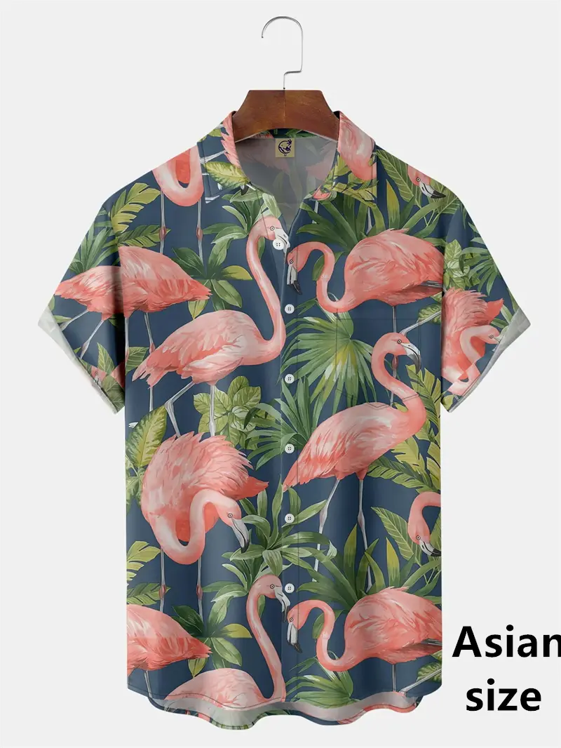 Summer Flamingo Animal Printed Shirts For Men Women Casual Fashion Hawaiian Beach Style Button Shirt Unisex Short Sleeved Blouse