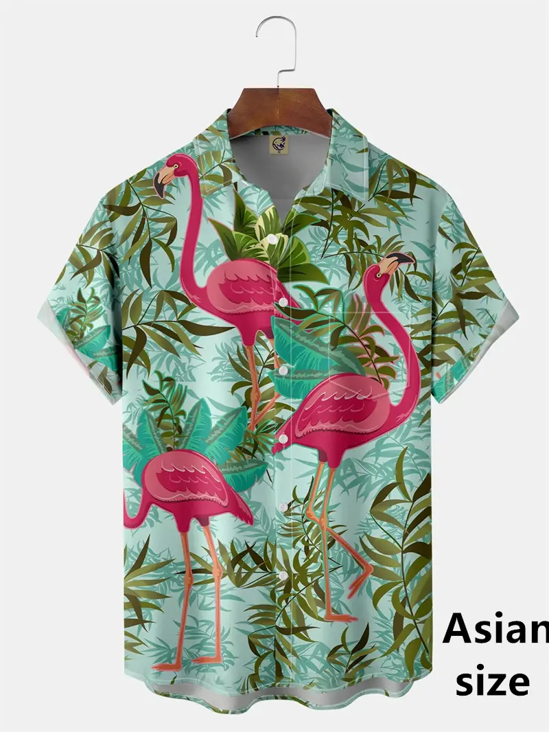 Summer Flamingo Animal Printed Shirts For Men Women Casual Fashion Hawaiian Beach Style Button Shirt Unisex Short Sleeved Blouse
