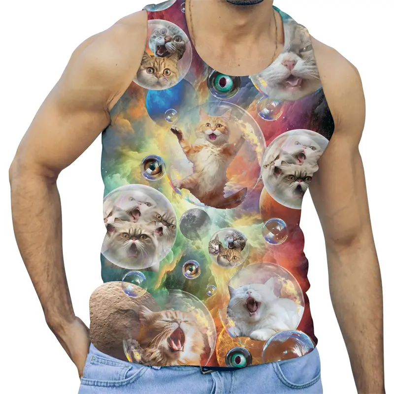 Funny Alien Cat 3D Print Tank Tops Men Clothing GYM Cartoon Animal Letter Vest Cool Sleeveless Harajuku Streetwear Tops Tees