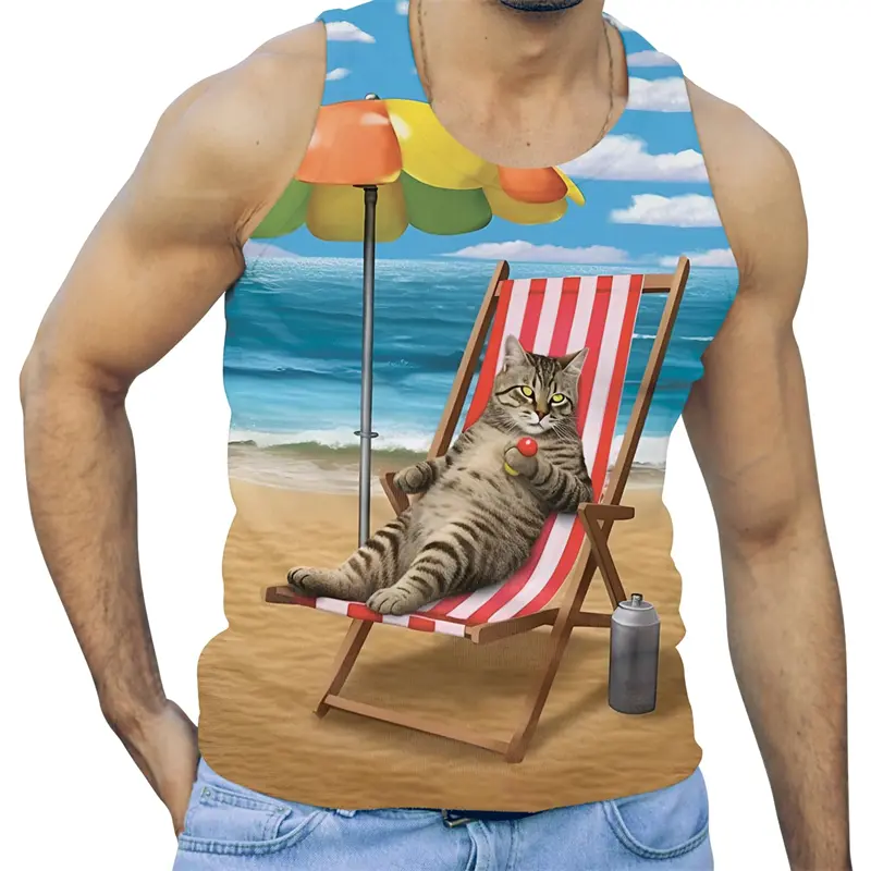 Funny Alien Cat 3D Print Tank Tops Men Clothing GYM Cartoon Animal Letter Vest Cool Sleeveless Harajuku Streetwear Tops Tees