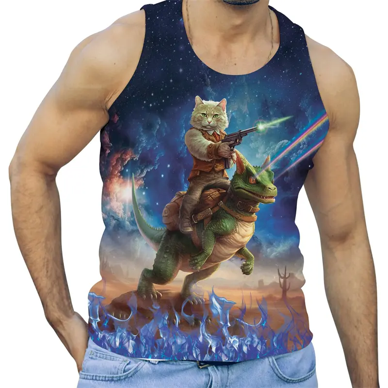 Funny Alien Cat 3D Print Tank Tops Men Clothing GYM Cartoon Animal Letter Vest Cool Sleeveless Harajuku Streetwear Tops Tees