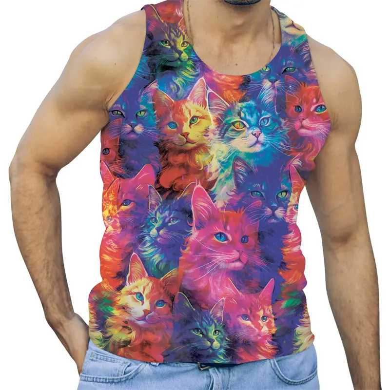 Funny Alien Cat 3D Print Tank Tops Men Clothing GYM Cartoon Animal Letter Vest Cool Sleeveless Harajuku Streetwear Tops Tees