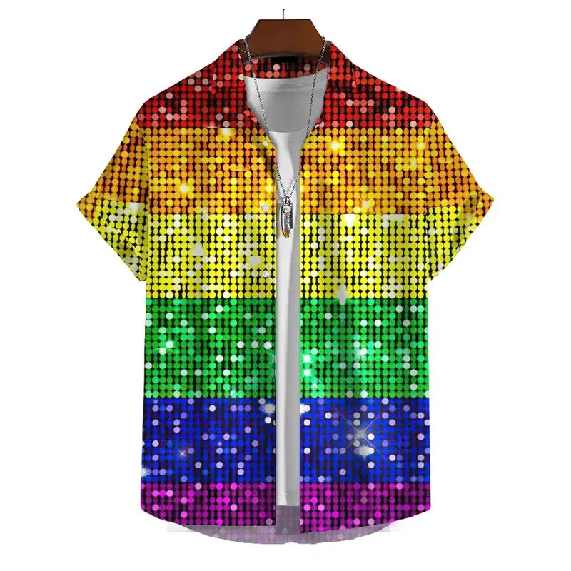 Fashion Hawaiian Shirt Rainbow 3d Printed Gay Shirt Summer Men's Short Sleeve Beach Shirts Street Hip Hop Button Lapel Tee Tops