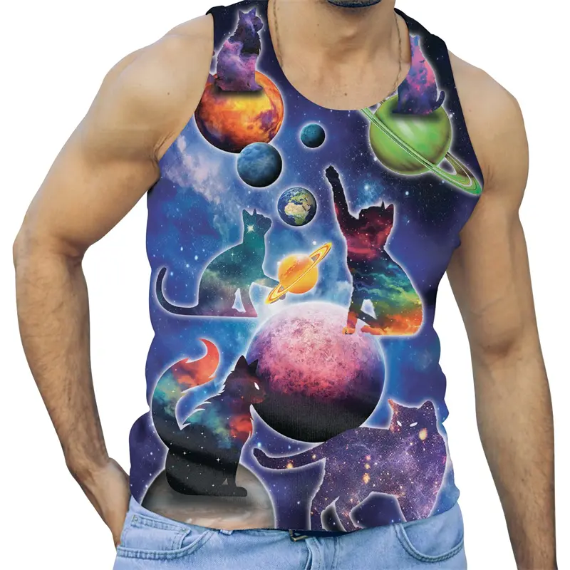Funny Alien Cat 3D Print Tank Tops Men Clothing GYM Cartoon Animal Letter Vest Cool Sleeveless Harajuku Streetwear Tops Tees
