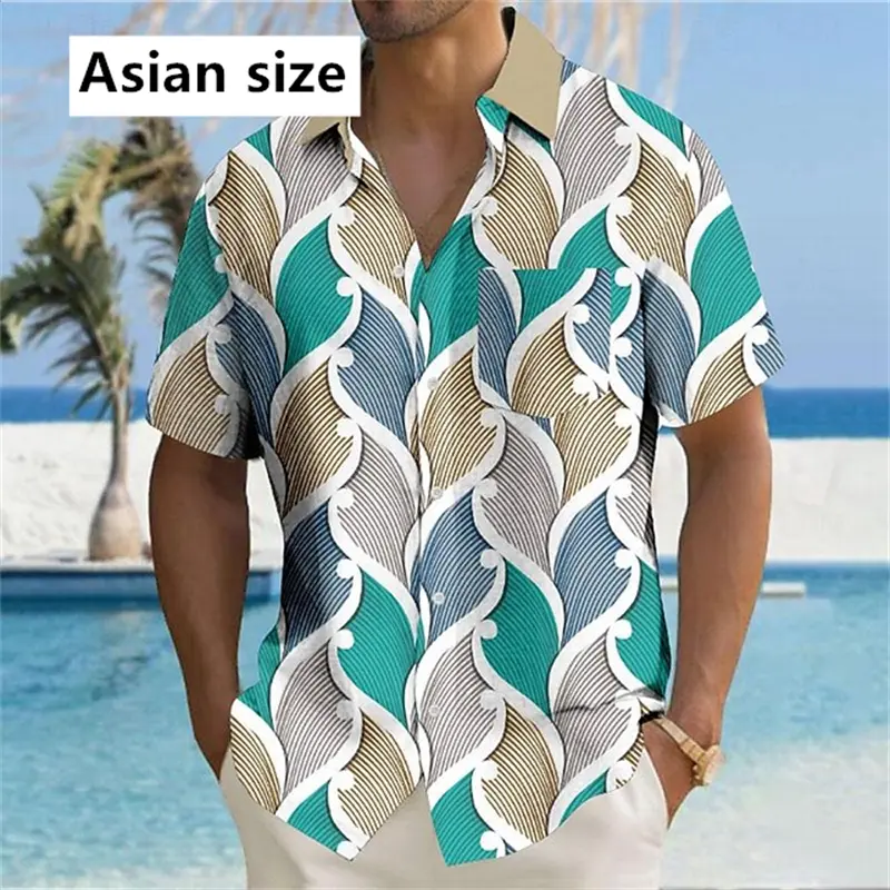 2025 New Mens Shirt Fashion Casual Hawaiian Wave Print Blue And White Personality Short Sleeve Shirts Unisex Button Lapel Blouse