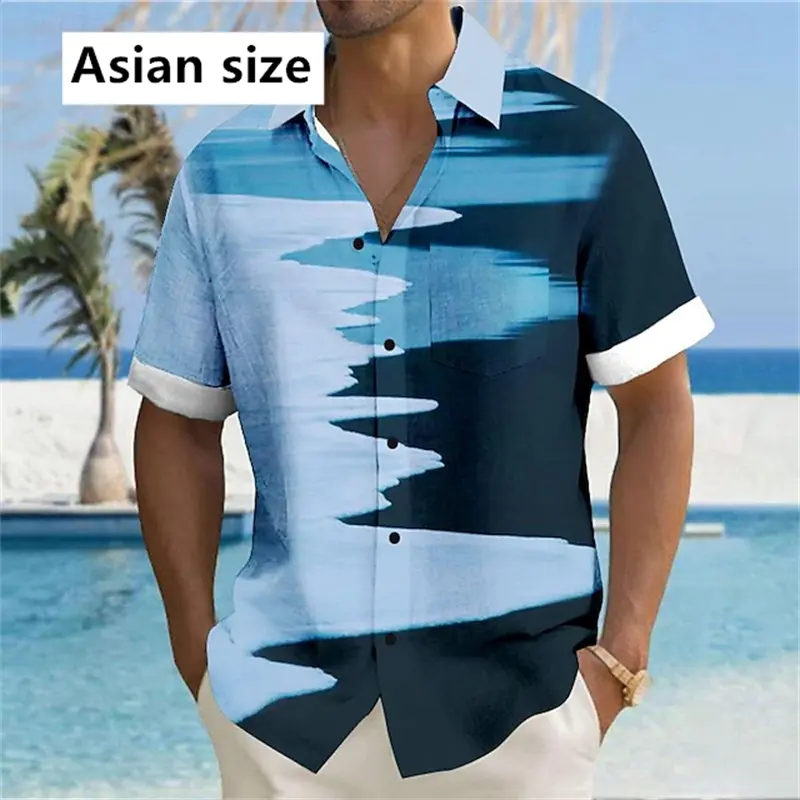 2025 New Mens Shirt Fashion Casual Hawaiian Wave Print Blue And White Personality Short Sleeve Shirts Unisex Button Lapel Blouse