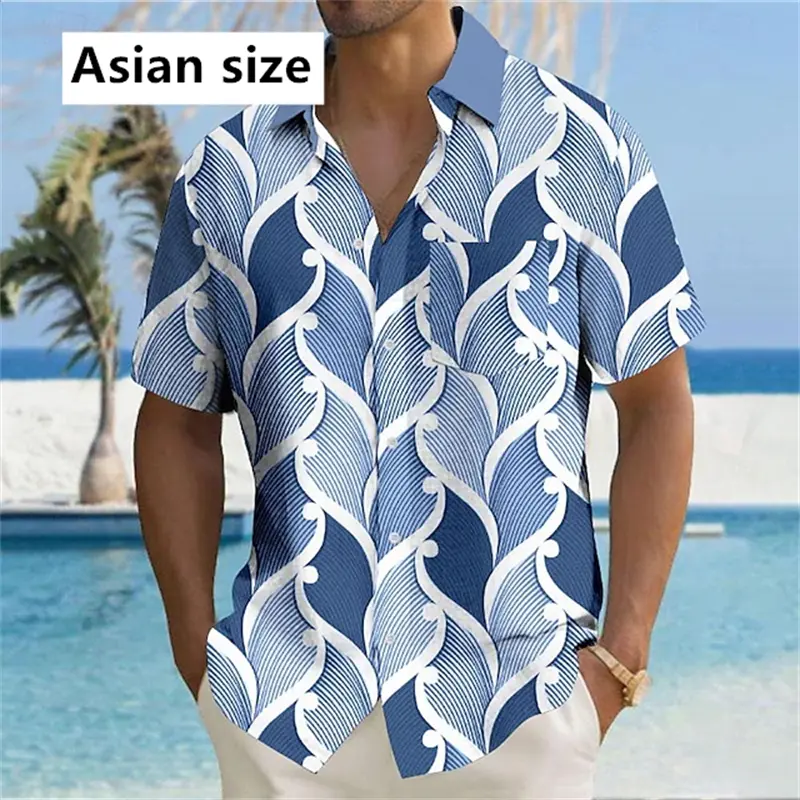 2025 New Mens Shirt Fashion Casual Hawaiian Wave Print Blue And White Personality Short Sleeve Shirts Unisex Button Lapel Blouse