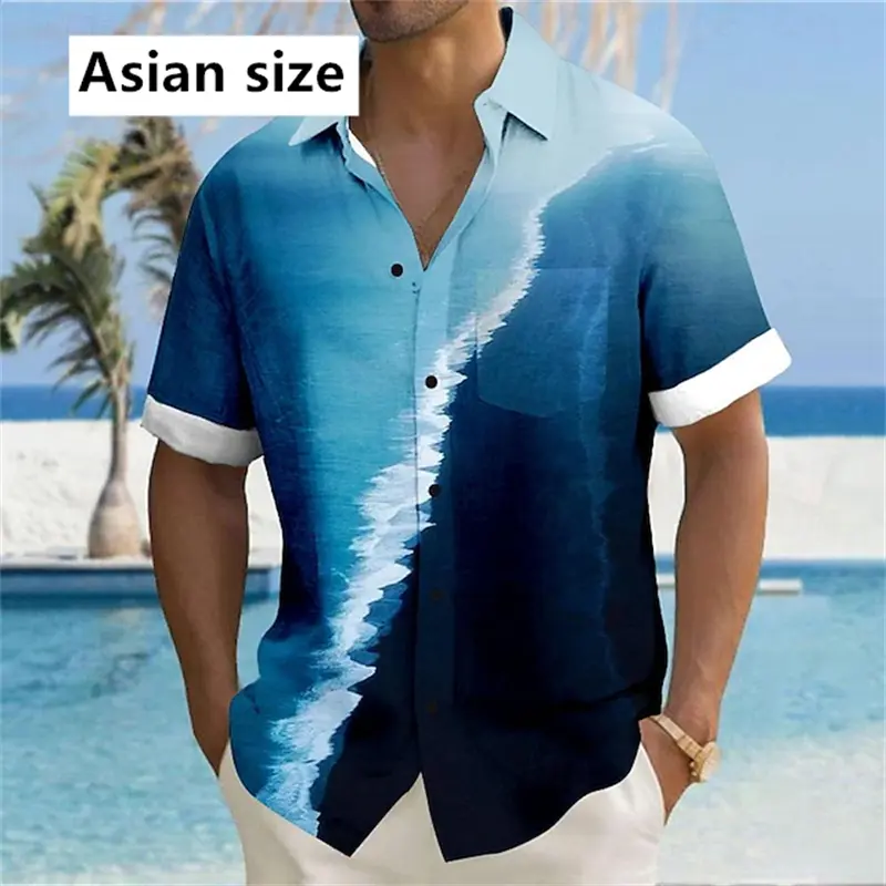 2025 New Mens Shirt Fashion Casual Hawaiian Wave Print Blue And White Personality Short Sleeve Shirts Unisex Button Lapel Blouse