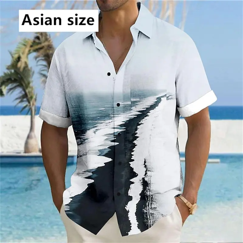 2025 New Mens Shirt Fashion Casual Hawaiian Wave Print Blue And White Personality Short Sleeve Shirts Unisex Button Lapel Blouse