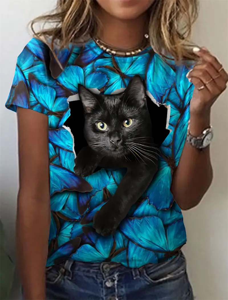 3D Kawaii Cat Printed Pretty Women's Clothing Female Funny Animal Print Short Sleeve T Shirt Girls Harujuku Oversized Tees Tops
