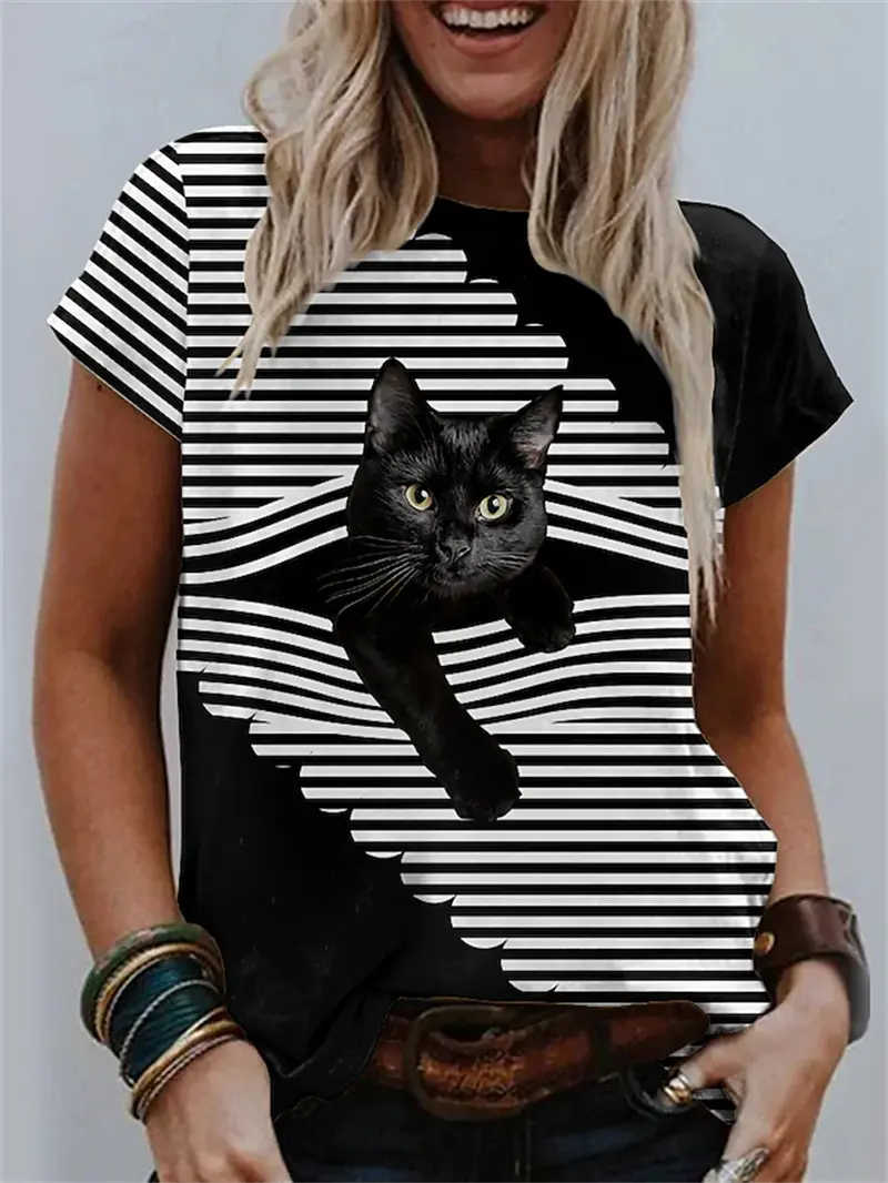3D Kawaii Cat Printed Pretty Women's Clothing Female Funny Animal Print Short Sleeve T Shirt Girls Harujuku Oversized Tees Tops