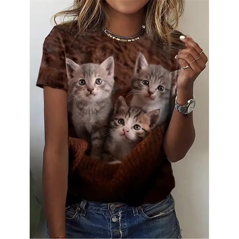 3D Kawaii Cat Printed Pretty Women's Clothing Female Funny Animal Print Short Sleeve T Shirt Girls Harujuku Oversized Tees Tops