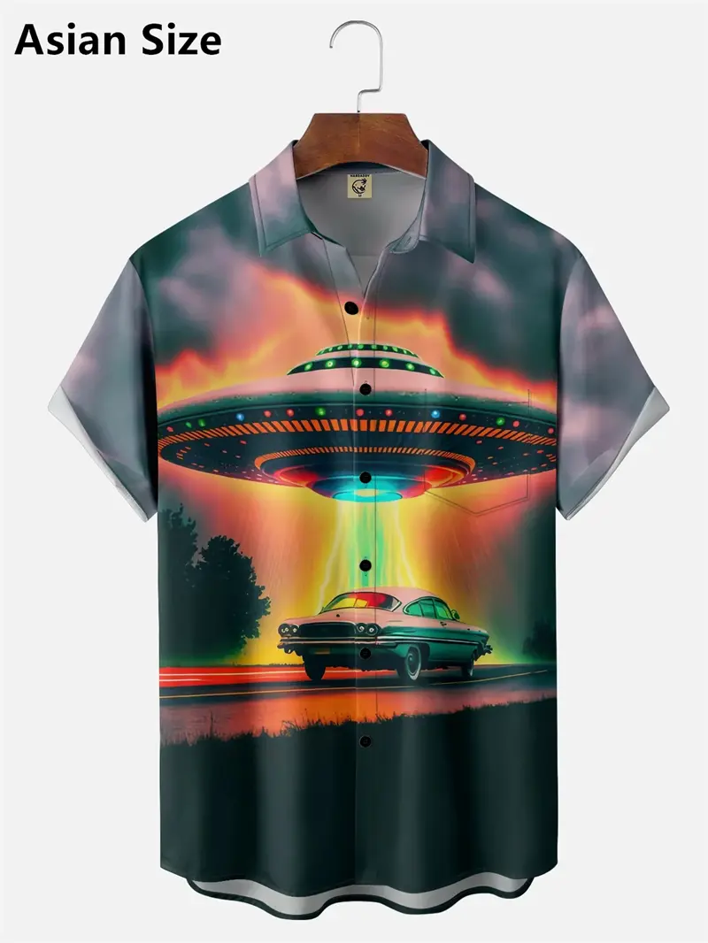 Summer New Men Hawaiian Shirt UFO Alien Graphic Printing Hawaii Summer Shirts Fashion Beach Short Sleeve Button Up Women Blouse