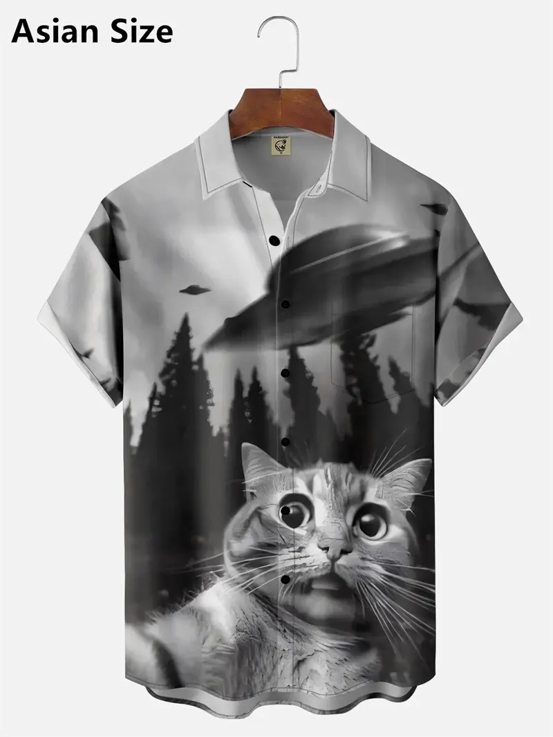 Summer New Men Hawaiian Shirt UFO Alien Graphic Printing Hawaii Summer Shirts Fashion Beach Short Sleeve Button Up Women Blouse