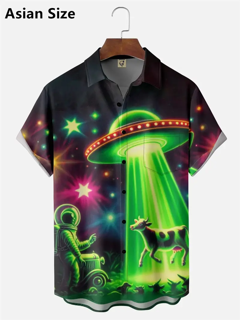 Summer New Men Hawaiian Shirt UFO Alien Graphic Printing Hawaii Summer Shirts Fashion Beach Short Sleeve Button Up Women Blouse